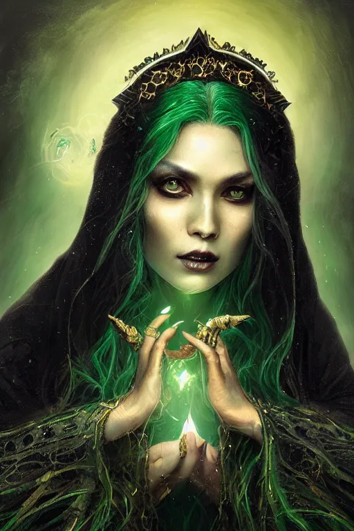 Image similar to a close - up portrait of a hauntingly beautiful sorceress wearing a black robe with gold embroidery, casting a spell, green glows, painted by artgerm and tom bagshaw, highly detailed digital art