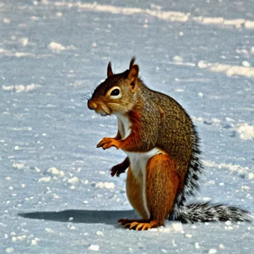 Prompt: a squirrel skiing on the surface of ice with funny motion, in the style of Roman mosaic