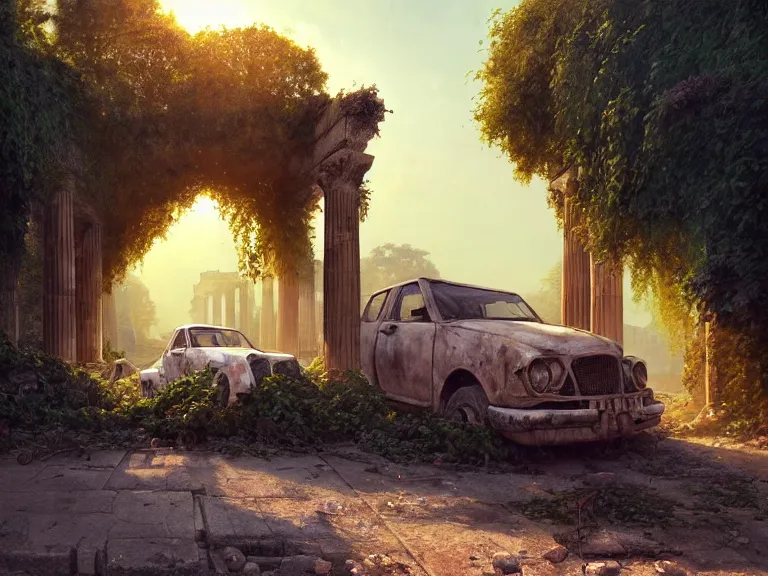 Image similar to a tree growing on a scrap car in ancient greek ruins, gray wasteland, many overgrown scrap cars, pillars and arches, colorful flowers, vines, cinematic, ray of golden sunlight, alphonse mucha, greg rutkowski, trending on artstation, artgerm, breathtaking, smooth, mark arian, award winning