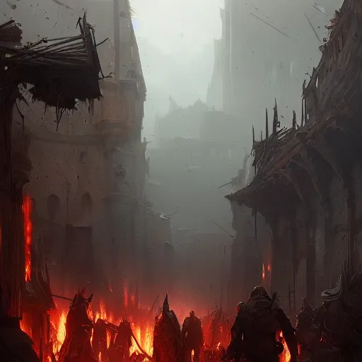 Prompt: a painting of a cinematic keyframe of walking into a destroyed medieval city, with fire, by greg rutkowski, rule of three, artgerm, artstation, highly detailed masterpiece, dark fantasy art, high detail