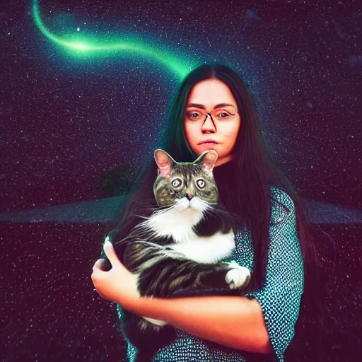 Image similar to a woman with long dark hair holding a cat in her arm standing on steps in a field at night, a hologram by kusama, instagram, optical illusion, full body, ultra hd, neon, pexels contest winner, high quality photo, rtx, hd, shiny eyes