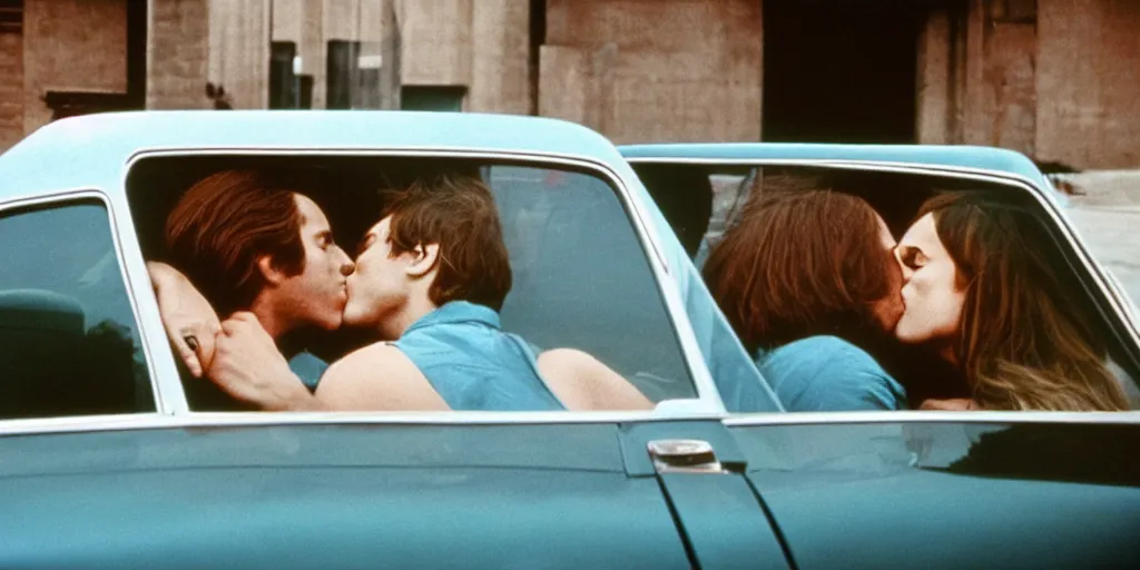 Image similar to 1 9 7 0 s car window closeup, young man and woman kissing in the back seat, coloured film photography, elliott erwitt photography