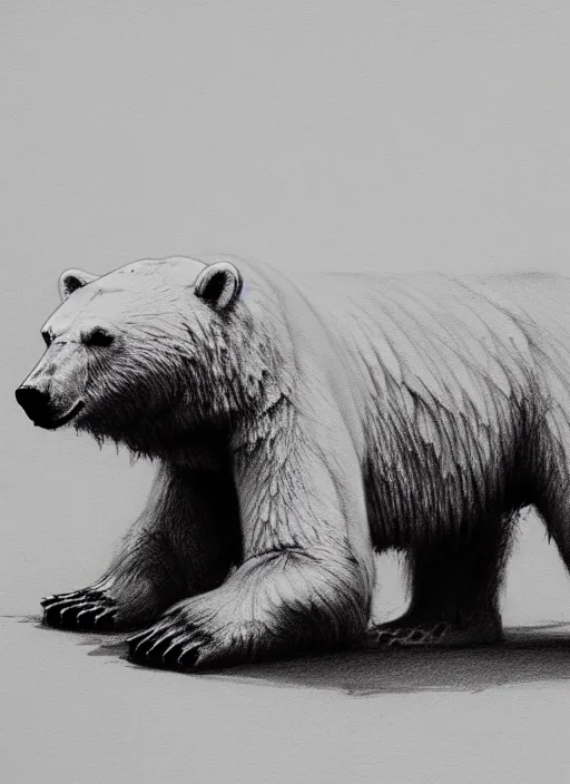 Image similar to dying polar bear on a desert, by greg rutkowski, trending on artstation, masterpiece, charcoal pencil