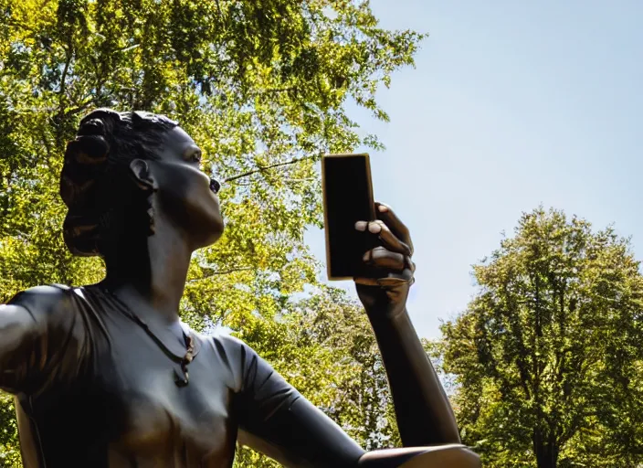 Image similar to photo still of a bronze statue of a woman using an iphone to take a selfie in a park on a bright sunny day, 8 k 8 5 mm f 1 6