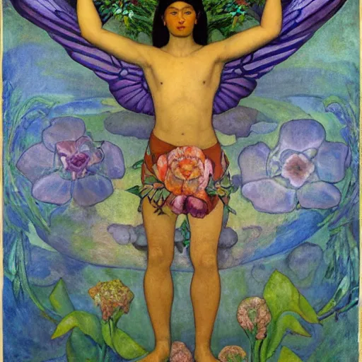 Prompt: the flower prince, by Annie Swynnerton and Nicholas Roerich and Diego Rivera, bioluminescent skin, tattoos, wings made out of flowers, elaborate costume, geometric ornament, symbolist, cool colors like blue and green and violet, smooth, sharp focus, extremely detailed