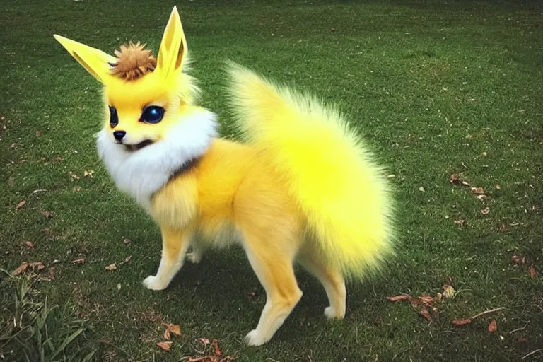 Image similar to real life jolteon pokemon, cute!!!, heroic!!!, adorable!!!, playful!!!, fluffly!!!, happy!!!, cheeky!!!, mischievous!!!, ultra realistic!!!, autumn, clear weather, ( golden hour ), sharp focus