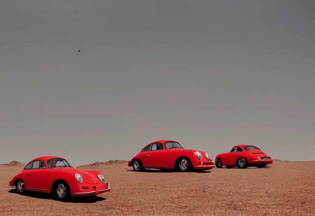 Image similar to “a single red porsche 356 is parked in the middle of the desert, a matte painting by Scarlett Hooft Graafland, featured on unsplash, australian tonalism, anamorphic lens flare, cinematic lighting, rendered in unreal engine”