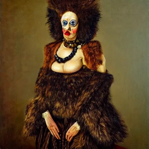 Image similar to disturbing dutch golden age oil painting by christian rex van minnen portrait of an extremely bizarre mutated proteus sundrome woman wearing fancy fur and jewels with intense chiaroscuro lighting perfect composition masterpiece