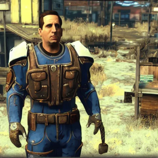 Image similar to Michael Scott wearing fallout 4 powerarmor, unreal engine, high res