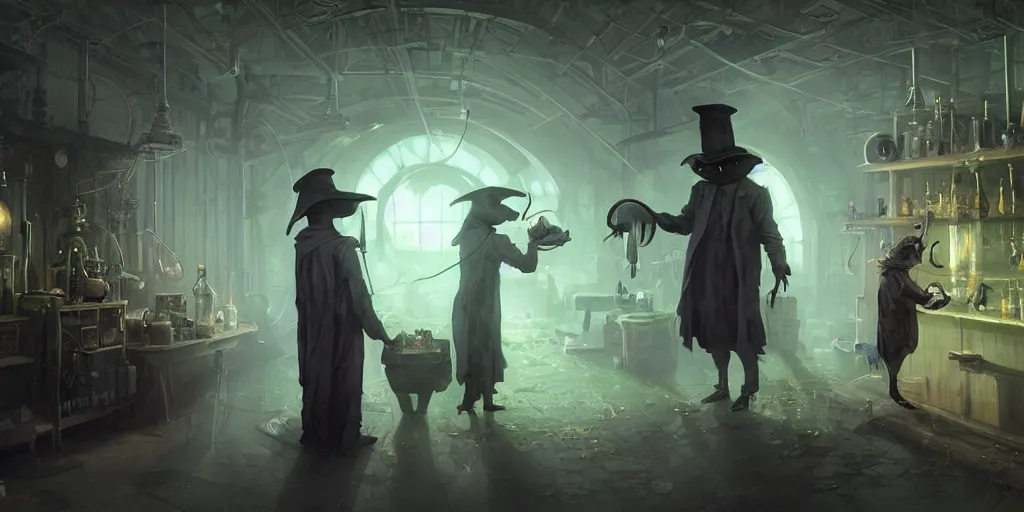 Image similar to a plague doctor and a humanoid rat in a laboratory with lots of flasks filled with magic liquids and green fog, stephen bliss, unreal engine, fantasy art by greg rutkowski, loish, rhads, ferdinand knab, ilya kuvshinov, rossdraws, tom bagshaw, global illumination, radiant soft light, detailed and intricate environment