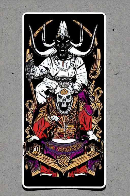 Image similar to A portrait of a bull as evil warlord general on skull throne, sticker, Anthropomorphized, portrait, highly detailed, colorful, illustration, smooth and clean vector curves, no jagged lines, vector art, smooth