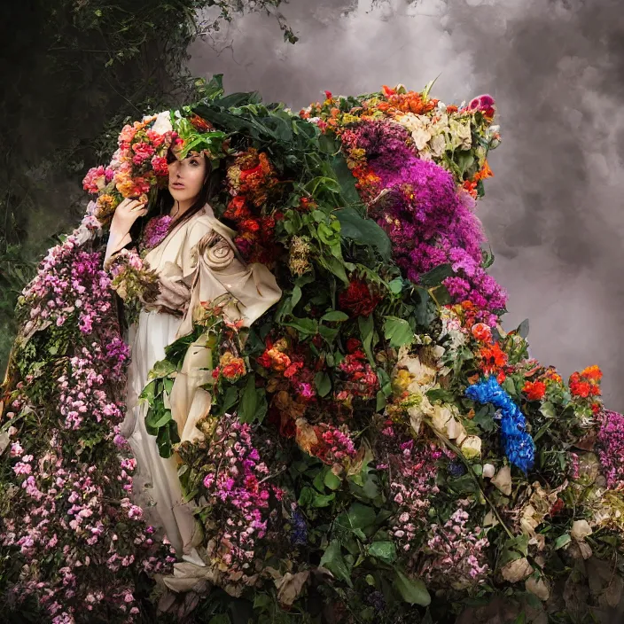 Image similar to a chimera wearing a cloak made of flowers, by Omar Z. Robles, CANON Eos C300, ƒ1.8, 35mm, 8K, medium-format print