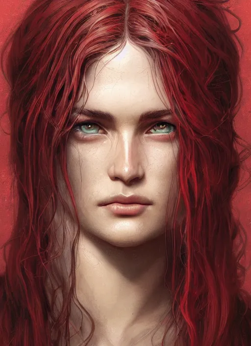 Image similar to vertical portrait of a ruggedly handsome female cleric, soft hair, close - up face, leather, witchy, d & d, fantasy, intricate, elegant, highly detailed, digital painting, artstation, concept art, smooth, sharp focus, illustration, art by artgerm and greg rutkowski and alphonse mucha, plain red background