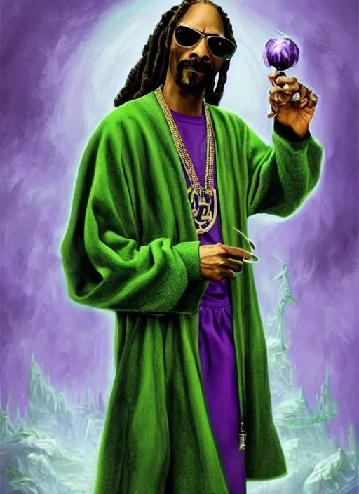 Prompt: snoop dogg as a wizard, short beard, grumpy, intricate green robes with purple accents, Ivan Aivakovsky, Boris Vallejo, epic fantasy character art, D&D Concept Art, full length, Realistic, Regal, Refined, Detailed Digital Art, Oil Paining, Exquisite detail, post-processing, masterpiece, Cinematic Lighting, Unreal Engine, 8k, HD, Stanley Artgerm Lau, WLOP, Rossdraws, Frank Frazetta, Andrei Riabovitchev, Marc Simonetti, trending on artstation,