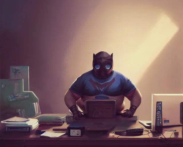 Image similar to an insanely detailed painting of a slightly chubby, nerdy asian man wearing a superhero costume and mask, sitting at a desk, staring at the nervously at the computer and typing, in the style of peter mohrbacher, dramatic lighting and composition, octane render, trending on artstation, concept art, comic book, view from behind