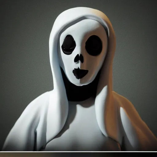 Image similar to plasticine figure of a cute ghostface from scream movie, 8 k, hdr, artstation trend, photo studio, professional illumination