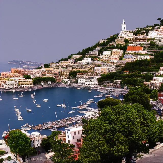 Image similar to portsmouth new hampshire colonial city on positano italy cliff, ocean cliff view, maple trees along street, chimneys on buildings, cobblestone street, light cinematic, volumetric, realistic, cinematic lighting, ray tracing, unreal engine 5, octane render, hyper realistic, photo, 8 k