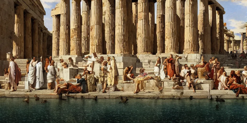 Prompt: all of ancient greece in one city, in the style of lawrence alma - tadema, james herbert draper, oil on canvas, 4 k resolution, highly detailed
