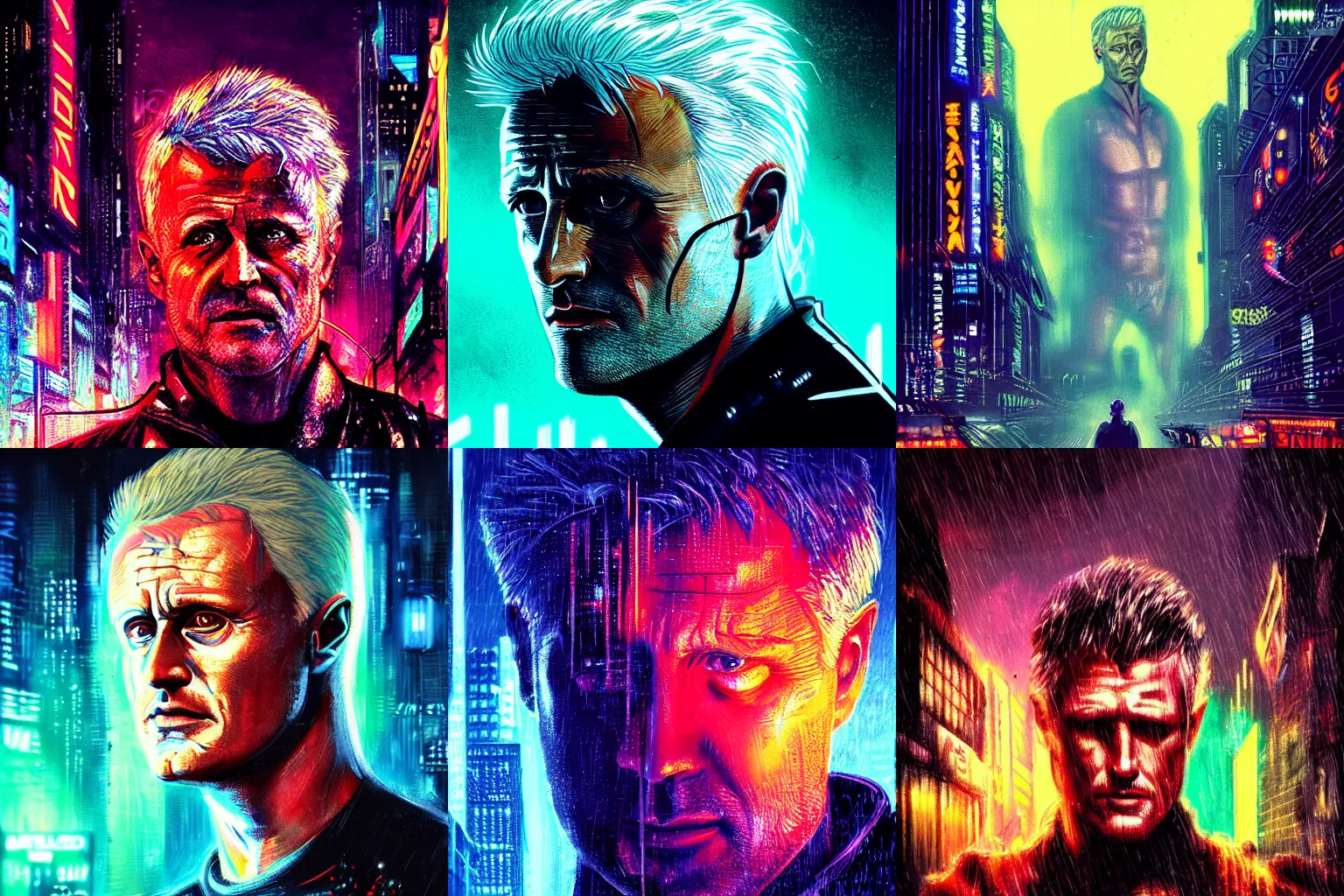 Prompt: Portrait of Roy Batty, Bladerunner, tears in the rain, hyper-detailed, cyberpunk, dystopian city skyline at night, colorful neon signs, 4k ultra hd, trending on artstation, fantasy dark art