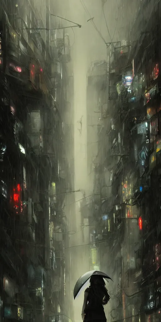 Prompt: a concept art landscape of a woman in the foreground, back to camera, standing in a claustrophobic alley of seedy futuristic city, standing in the rain with an umbrella, wet, emphasis on tall buildings, dirty, low angle, neotokyo, japanese by greg rutkowski - n 9