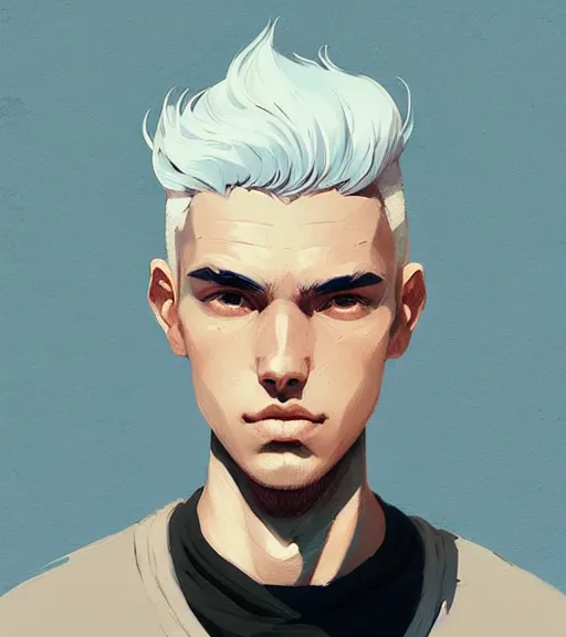Prompt: portrait of a young man, raised on the island, white hair, face tatooes by atey ghailan, by greg rutkowski, by greg tocchini, by james gilleard, by joe fenton, by kaethe butcher, dynamic lighting, gradient light blue, brown, blonde cream and white color scheme, grunge aesthetic
