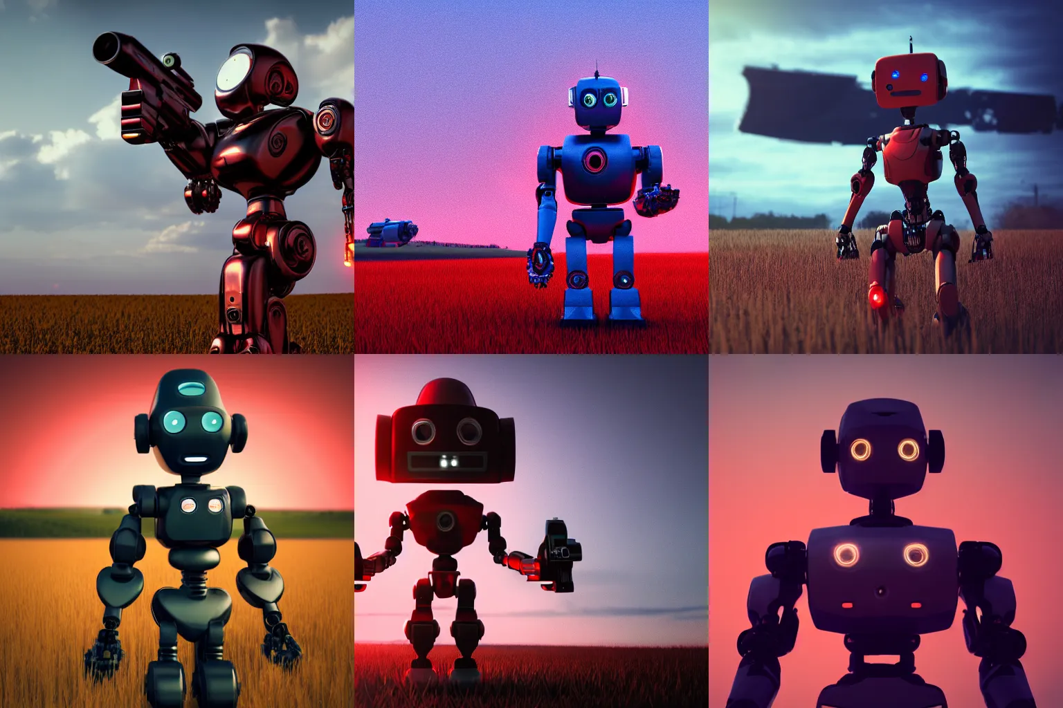 Prompt: a robot holding firearms in a plain field, with a red ambience, photorealistic, octane render