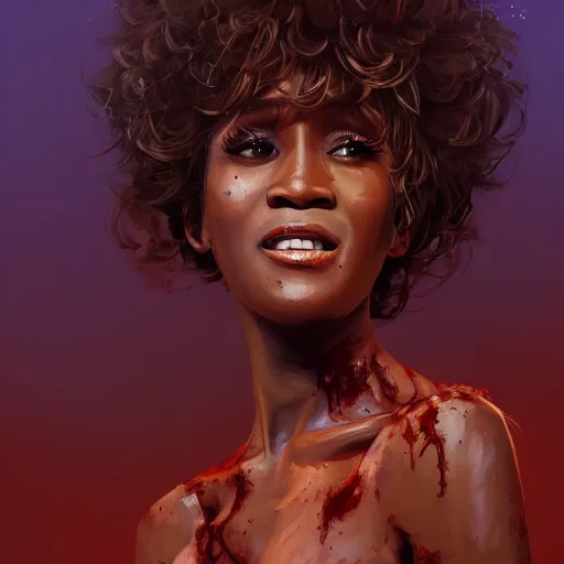 Image similar to young whitney houston as a zombie, 7 days to die zombie, fine art, award winning, intricate, elegant, sharp focus, cinematic lighting, highly detailed, digital painting, 8 k concept art, art by guweiz and z. w. gu, masterpiece, trending on artstation, 8 k