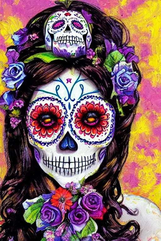 Prompt: Illustration of a sugar skull day of the dead girl, art by Robert Hagan