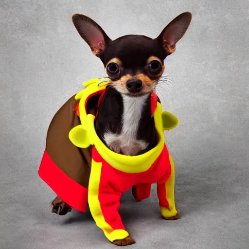 Image similar to photo of mini brown chihuahua in a bowser costume. Post processing , award winning , masterpiece , photo realistic