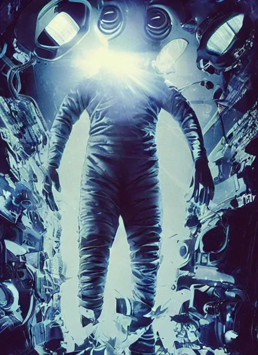 Image similar to astronauts in dark and empty void underwater - complex and hyperdetailed technical suit. reflection and dispersion materials. rays and dispersion of light. volumetric light. 5 0 mm, f / 3 2. noise film photo. flash photography. ultra realistic, wide angle. poster by wayne barlowe, hajime sorayama aaron horkey, craig mullins