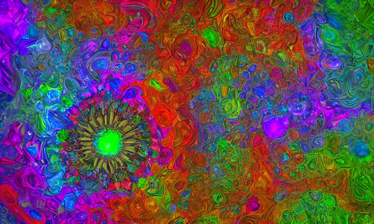 Image similar to acrylics blob voronoi engine laboratory 3 d volume kaleidoscope mandala fractal chakra digital multicolor stylized concept substance liquid nebula stone, a spectacular view cinematic rays of sunlight comic book illustration, by john kirby radiating a glowing aura global illumination ray tracing hdr depth fog overlay multiply photoshop layer