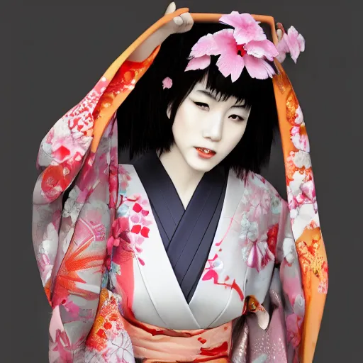 Image similar to Japanese Simone Norman wearing kimono, realistic, photo studio, HDR, 8k, trending on artstation