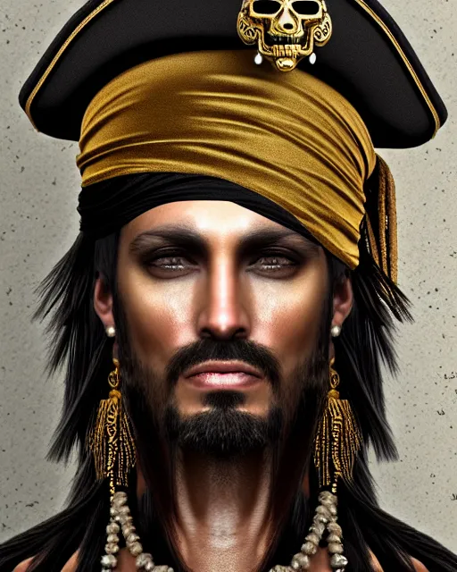 Image similar to realistic portrait of a pirate, dark, gold ornaments, facing camera, photo realistic, detailed, 1 4 5 0, delicate, hyper realism, ultra realistic, 8 k