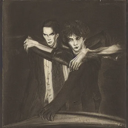 Prompt: two young men, one man human, one man vampire, night, on a birdge, in the style of once piece