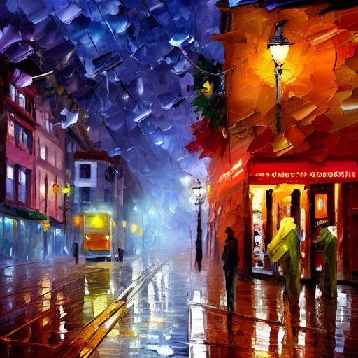 Image similar to a painting of a street corner in the Haight neighborhood with a coffee shop covered in christmas lights, by Tyler Edlin and leonid afremov, behance contest winner, american scene painting, concept art, streetscape, rainy, cozy