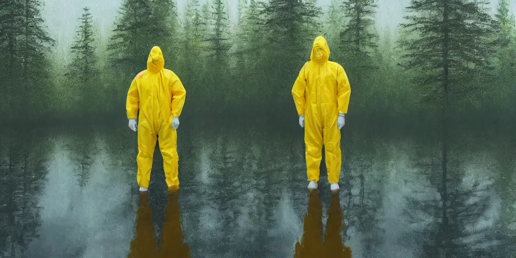 Image similar to a man in a yellow hazmat suit carries a barrel of nuclear waste and stands in a small lake with reflections in a detailed forest, painting, concept - art!!, rendering, octane, redshift, cinematic composition, volumetric lighting