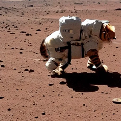 Prompt: cat wearing a spacesuit while walking on mars