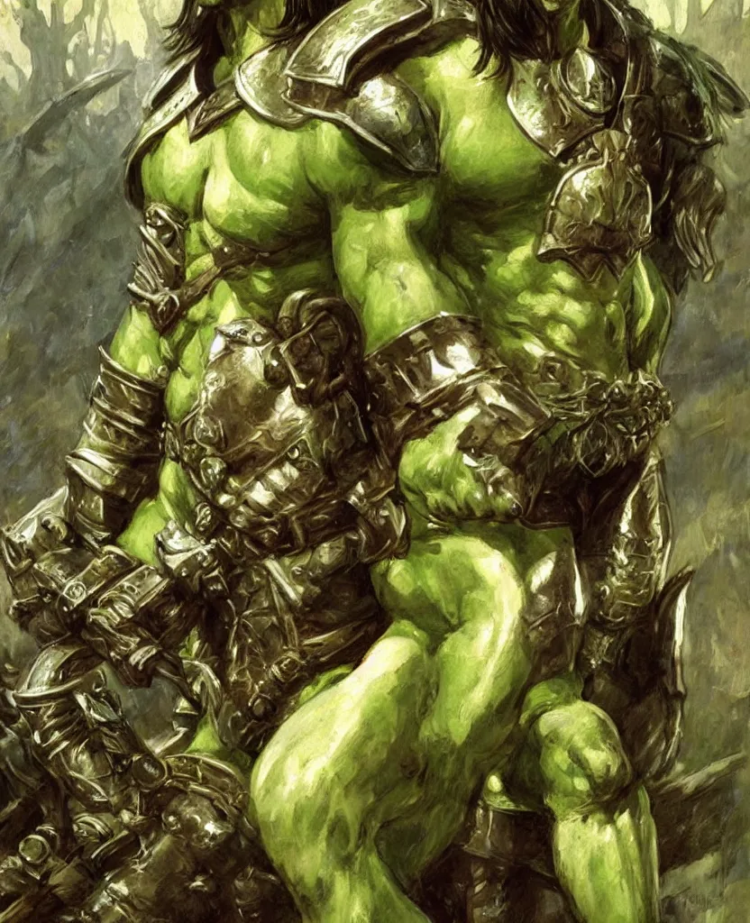 Image similar to medieval, attractive muscular male half elf half orc character design, armor, green skin, painting by gaston bussiere, craig mullins, j. c. leyendecker, tom of finland