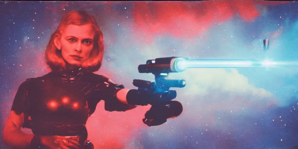 Prompt: vintage polaroid of a beautiful science fiction space woman, holding a laser gun, seen from behind, detailed clouds, warm azure tones, red color bleed, film grain