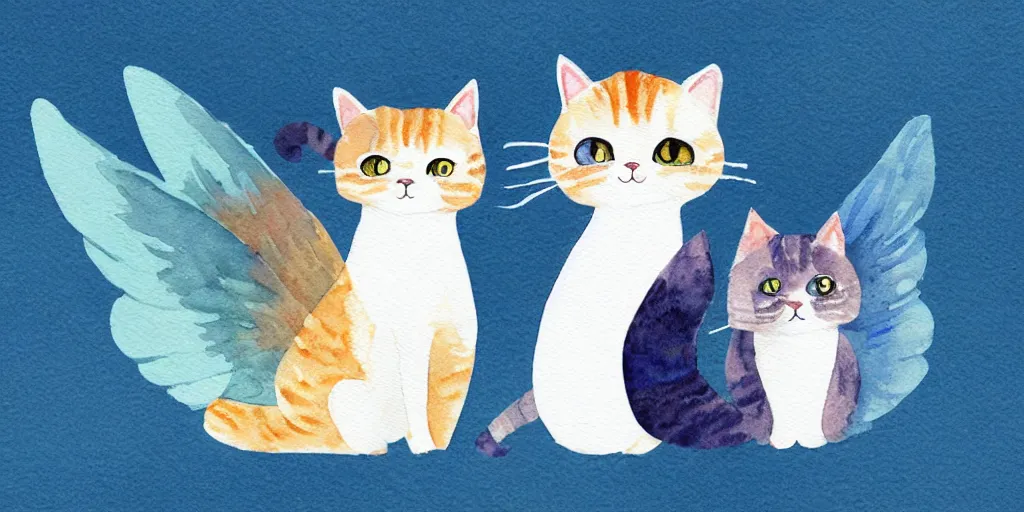 Prompt: watercolor illustration style, cute cats with blue wings, white background