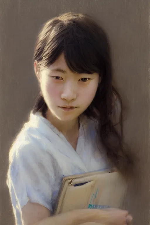 Image similar to japanese schoolgirl by Alyssa Monks, Gaston Bussiere. Bob hairstyle, school uniform, full body, urban dystopia, hyper realism, realistic proportions, artstation, concept art, smooth, sharp focus, illustration