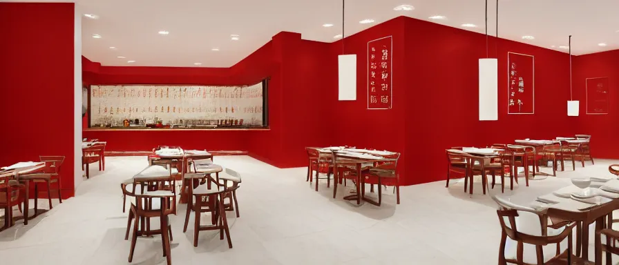 Image similar to a beautiful simple interior render of small roasted string hotpot restaurant restaurant yan'an, wall corner, from china, red paper wall and white tile floor, rectangle white porcelain table, fine simple delicate structure, chinese style, simple composition, simple style structure decoration design, victo ngai, 4 k hd