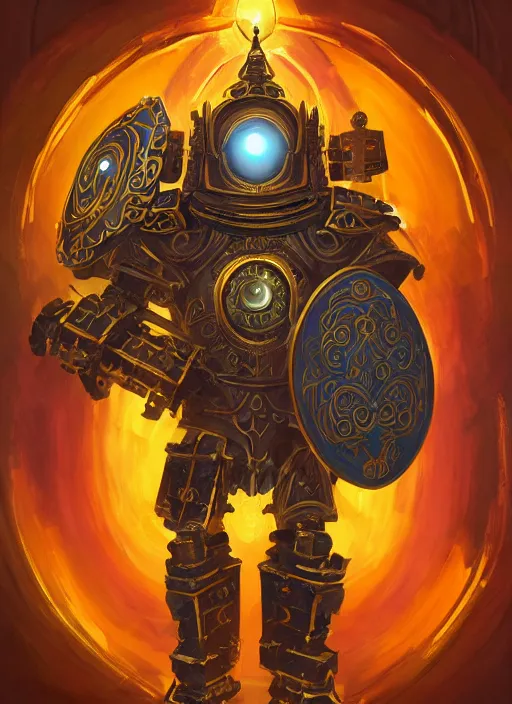 Prompt: full body, attack position abstract painting of a intricate ornate holy mechanical warforged with circular glowing eye, character in yellow armor holding a legendary paladin engraved holy great longsword and carrying a huge heavy paladin shield, vertically flat head, face in focus, epic , trending on ArtStation, masterpiece, cinematic lighting, by Ross Tran and by Greg Rutkowski