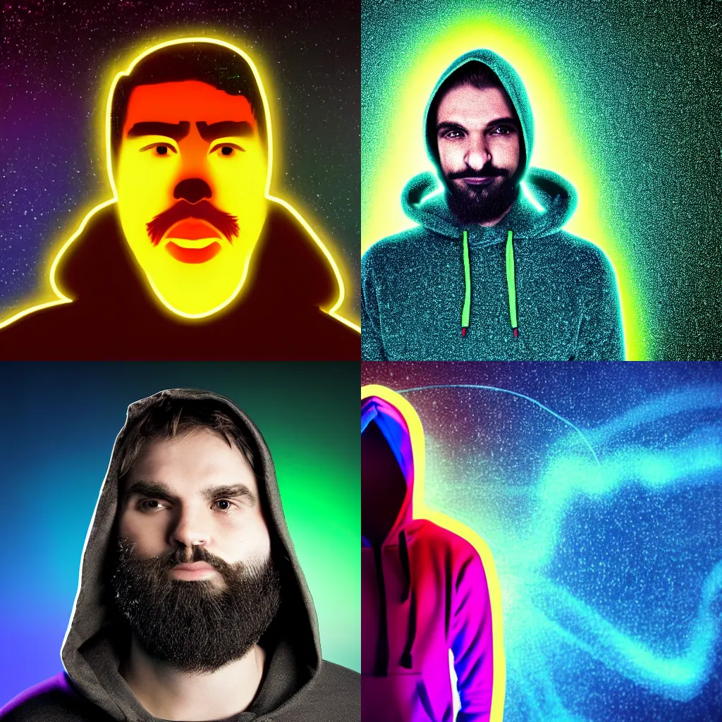 Prompt: avatar of a hacker with a hoodie at night, neon lights, hyper realistic, goatee beard, galaxies in the background