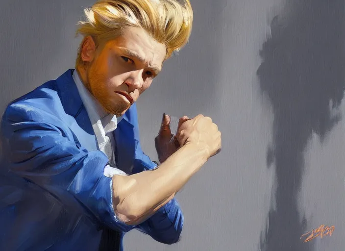 Image similar to greg manchess portrait of a defeated blond man in a blue suit on the ground in an arena, profile picture, organic painting, sunny day, matte painting, bold shapes, hard edges, street art, trending on artstation, by huang guangjian, gil elvgren, ruan jia, randy vargas, greg rutkowski