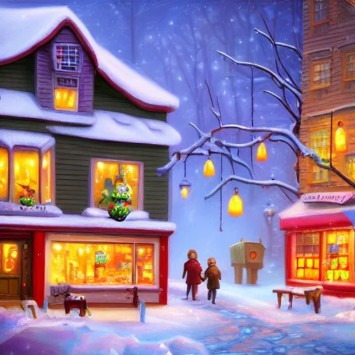 Image similar to toy shop,inspired by Evgeny Lushpin,winter,nighttime,cinematic,art station