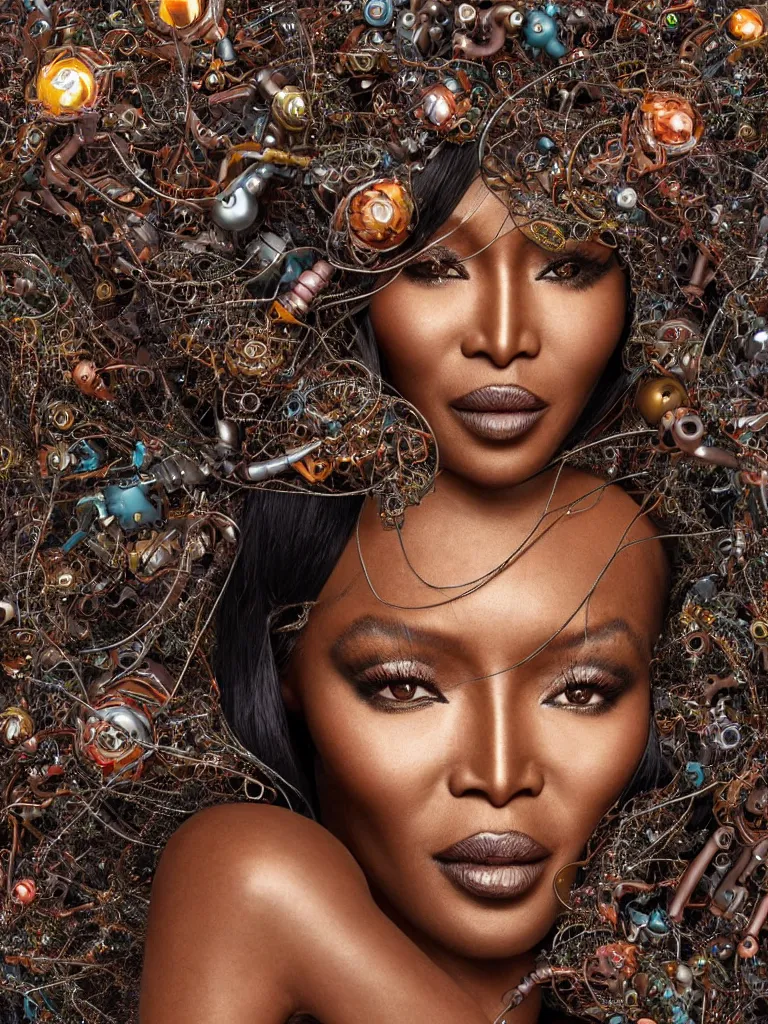 Image similar to a centered render of naomi campbell surrounded by intertwining bio - mech tendrils made of machine and robot parts with gemstones and leaves and feathers and incense smoke flowing around, full body, gorgeous face, perfect face, powerful, by james jean, by ross tran, 3 d, trending on artstation, octane render, 8 k