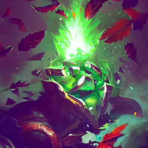 Image similar to arcane style green leaves explosion, green leaves, bright art masterpiece artstation. 8k, sharp high quality artwork in style of Jose Daniel Cabrera Pena and Greg Rutkowski, concept art by Tooth Wu, blizzard warcraft artwork, hearthstone card game artwork, leaves exploding, leaves explosion