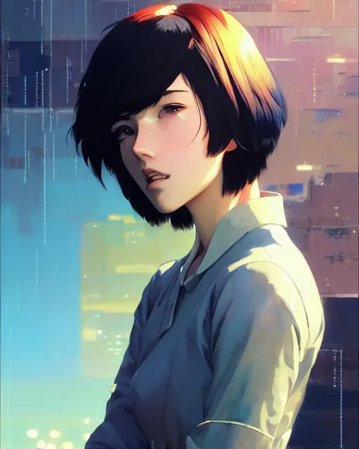 Image similar to a girl with short hair blowing in the wind | | fine detail!! anime!! realistic shaded lighting!! poster by ilya kuvshinov katsuhiro otomo ghost - in - the - shell, magali villeneuve, artgerm, jeremy lipkin and michael garmash and rob rey