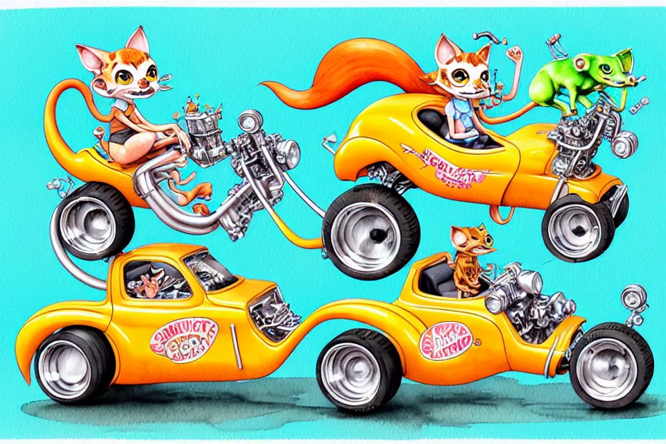 Image similar to cute and funny, margay riding in a tiny street rod with oversized engine, ratfink style by ed roth, centered award winning watercolor pen illustration, isometric illustration by chihiro iwasaki, edited by range murata, tiny details by artgerm and watercolor girl, symmetrically isometrically centered